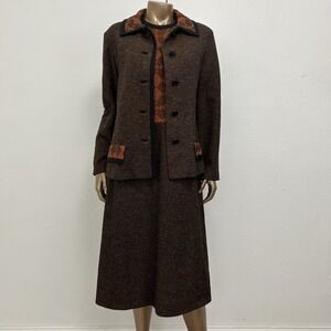 VTG Alper Schwartz M/L Brown Orange Wool‎ Tweed Suit Dress Jacket 2-Pc 1960s/70s